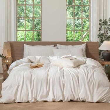 Imagem de MooMee Conjunto de capa de edredom listrado 100% algodão lavado como linho texturizado respirável durável macio confortável (branco amêndoa leite cinza listras largas, completo 203 x 228 cm)