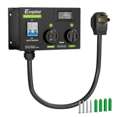 Imagem de Exqutoo Divisor de secadora de 4 pinos (NEMA14-50R) com disjuntor - 24 Amp 240V Secador EV Splitter, NEMA 14-30 a 14-50 interruptor automático para secador e EV, prioridade de fonte de alimentação do
