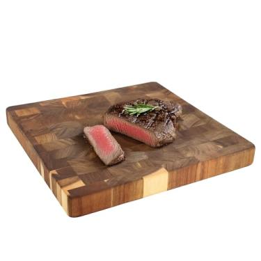 Imagem de Elama Bloco de açougueiro quadrado de madeira de acácia de 35 x 3 cm de espessura – Tábua de cortar e servir para serviço pesado para carne, queijo e legumes (quadrado de 35 x 3,8 cm)