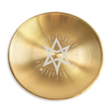 Imagem de Bandeja para altar – Prato redondo de metal de aço inoxidável de 14 cm para oração, astrologia, tarô, pratos, cerimônias e decoração (hexagrama unicursal ouro)