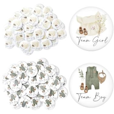 Imagem de JarThenaAMCS 100 peças de broche de botão de revelação de gênero de equipe menina menino botão crachá de metal para chá de bebê, lembrancinha de festa, suprimentos de jogos, 3,8 cm