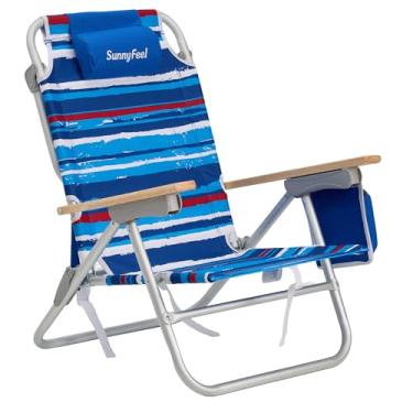 Imagem de SUNNYFEEL Cadeira de praia dobrável com encosto baixo, cadeira de praia resistente de alumínio com 3 posições reclináveis, cadeira de acampamento portátil para adultos com apoio de braço de madeira