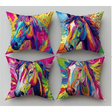 Imagem de Almofadas de almofada de cavalo 40,6 x 40,6 cm, capas de almofada coloridas com zíper invisível e estampa dupla face, almofadas decorativas de veludo para decoração de sala de estar, presentes para