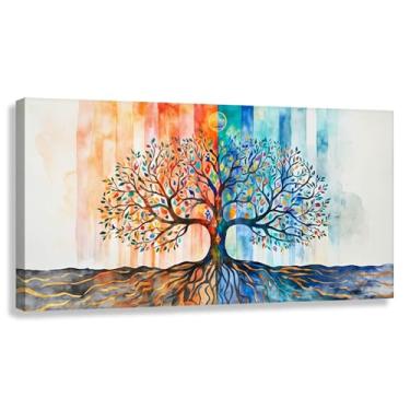 Imagem de Árvore da Vida Arte de Parede Impressão em Tela Equilíbrio da Vida Decoração Folhas Coloridas Imagens Crescimento Espiritual Sala de Estar 60x30cmx1
