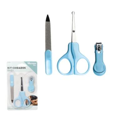Imagem de Kit Cuidados Bebe Azul Kids 3 Peças Tesoura Lixa Cortador