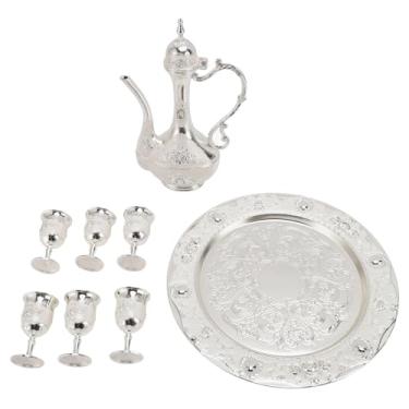 Imagem de Conjunto De Pote De Café Turco Vintage Elegante Liga De Zinco Conjunto De Chá Turco À Prova De Rustproof Para Festa Em Casa Casamento 6 Copos 1 Pote 1 Bandeja (Prata e branco)