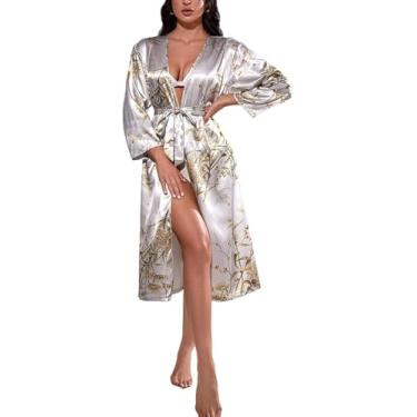 Imagem de Mulheres Camisolas Roupão De Banho Verão Sexy Mangas Compridas Roupão De Cetim Roupão De Banho Quimono, Gray, S