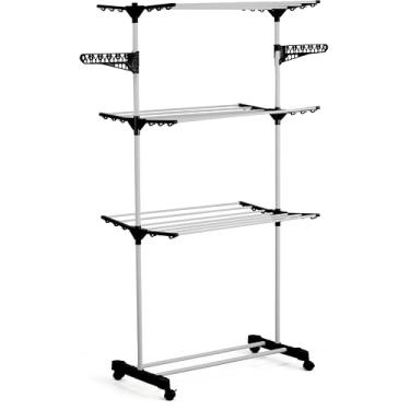 Imagem de Varal De Chão 3 Andares Para Roupas Regulável Dobrável Retrátil com Rodinhas Premium