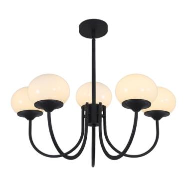 Imagem de Flyrose 5 lustres de vidro de leite preto claro luzes pendentes casa de fazenda ilha cozinha globo branco fosco lustre meados do século moderno luminárias para sala de jantar sobre mesa