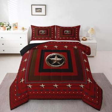 Imagem de jejeloiu Conjunto de cama de caubói ocidental, tamanho casal, boêmio, estampa de estrela, conjunto de edredom para crianças, meninos, meninas, adolescentes, vermelho, marrom, vintage, retrô, 3 peças