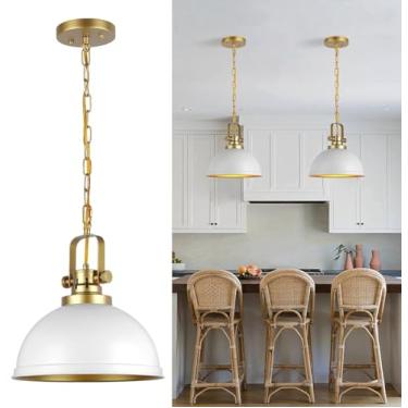 Imagem de Mgcanyu Luzes pendentes modernas brancas e douradas, 30 cm vintage de ouro branco, luminárias pendentes, cúpulas de ferro, teto suspenso, para cozinha, ilha, sala de jantar, restaurante, quarto