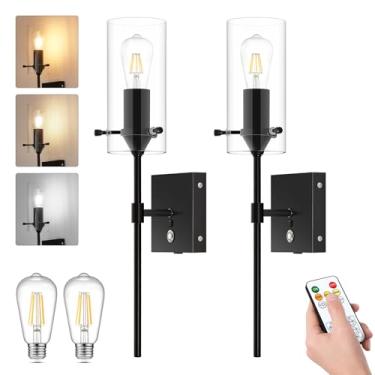 Imagem de AIBISOD Arandelas de parede operadas por bateria de 3 cores, conjunto de 2 com controle remoto, luz de parede interna sem fio, lâmpada de parede preta alimentada por bateria com temporizador para