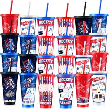 Imagem de Paterr 24 peças de copos de plástico de hóquei com tampas e canudos, copos reutilizáveis, lembrancinha de festa de hóquei, caneca de café gelado, garrafa de água para decoração de festa de aniversário