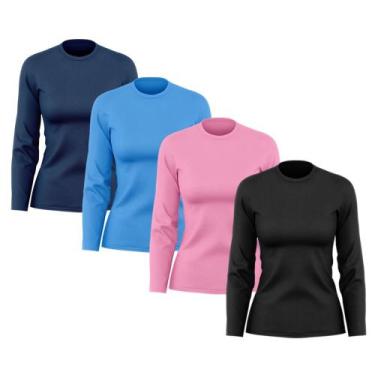 Imagem de Kit 4 Camisetas Feminina Manga Longa Dry Fit Básica Lisa Proteção Sola