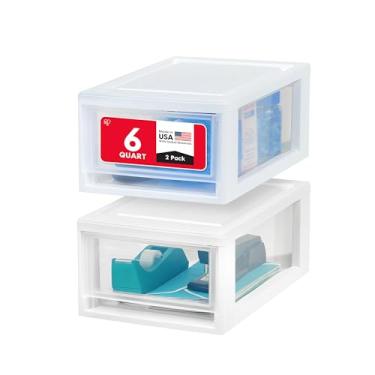 Imagem de Organizador de gaveta de plástico IRIS USA 6 Qt. Gavetas empilháveis, pacote com 2, unidade empilhável com gaveta deslizante para roupas, quarto, cozinha, embaixo da pia, despensa, sala de artesanato