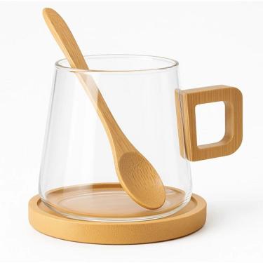 Imagem de Xícara Elegante de Vidro com Alça Quadrada em Bambu + Pires e Colher 300ml