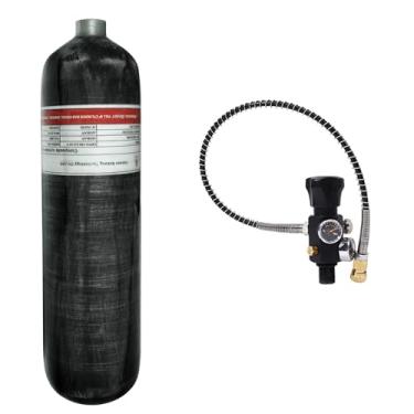 Imagem de TUXING Tanque de ar de fibra de carbono 3L 4500psi (garrafa vazia) estação de enchimento de paintball com dois medidores de pressão até com mangueira de alta pressão de 61 cm M18 x 1,5