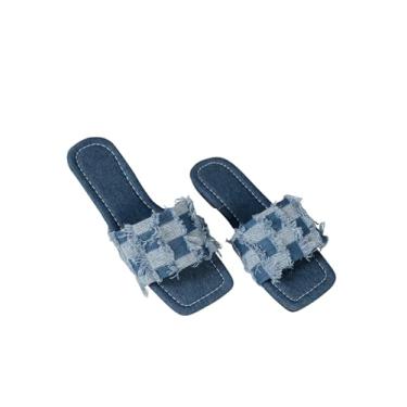 Imagem de OYOANGLE Sandália feminina jeans xadrez bico quadrado rasteiras bico aberto antiderrapante chinelos jeans vintage, Azul claro, 35