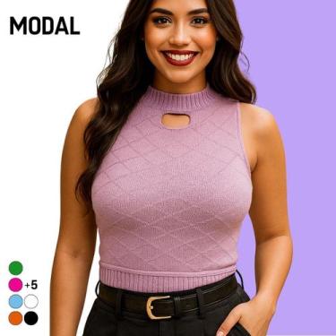 Imagem de Blusa Regata Cropped Feminino Tricot Modal Vazado Sem Manga - Vitrine 