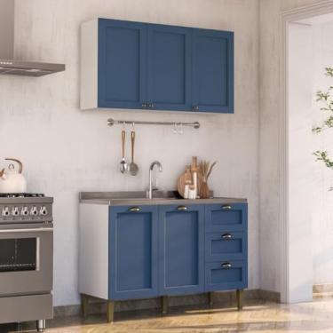 Imagem de Armário de Cozinha Americana Modulada 120cm com Balcão para Pia Multimóveis Cr20492 Branco/azul