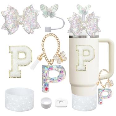 Imagem de Liangang Conjunto de acessórios de copo branco de 7 peças para Stanley 850 g 1,134 g, incluindo bota, tampa à prova de derramamento, capa de canudo de borboleta, letras adesivas, pingentes de letras