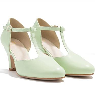 Imagem de MOOMMO Sandália feminina elegante salto gatinho Mary Jane sapatos tornozelo tira em T redonda fechada recorte vestido sandálias sapato salto bloco grosso D-Orsay camurça trabalho bomba outono moda