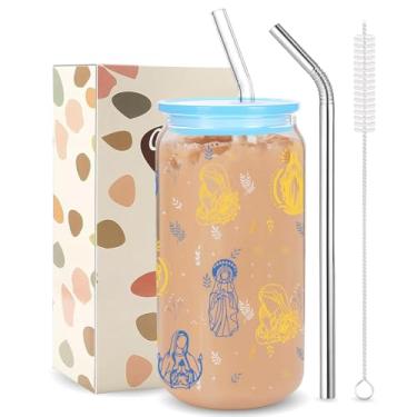 Imagem de Copo de vidro Nossa Senhora de Fátima, copos católicos marianos para beber 473 ml, copos de café gelado religiosos Guadalupe para presentes de festa de casamento de aniversário, inclui 2 canudo e 1
