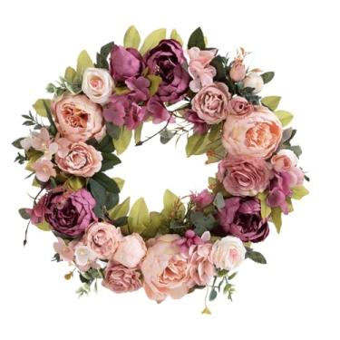 Imagem de WeiLaiKeQi Guirlanda de flores artificiais de peônia para porta da frente, 40 cm, para áreas internas e externas, para sala de estar, inauguração de, Pasta de Feijão Violeta