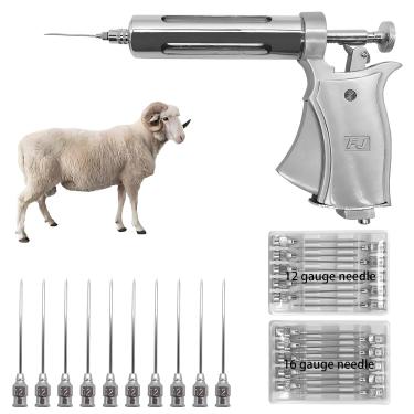 Imagem de QIANJIEER Seringa veterinária para gado - Pistola de injeção semiautomática de dosagem ajustável de 50 ml com 20 agulhas para cavalos, ovelhas, bovinos e porcos, seringa veterinária de dosagem precisa