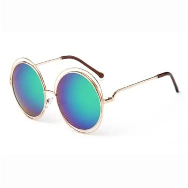 Imagem de Óculos de sol vintage redondos, tamanho grande, com lentes grandes, espelhados, armação de metal, óculos de sol femininos, estilosos, 8, dourados, verdes, altura da lente: 6,2 cm