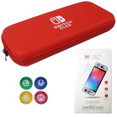 Imagem de Kit Compatível Nintendo Switch OLED com Case Vermelho, 4 Grips Analógicos, Película de Vidro Temperado 9H, Protetor de Tela