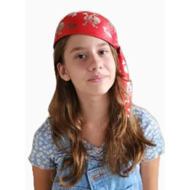 Imagem de Chapéu Bandana Pirata Com Nó Vermelho Com Caveirinhas Prata