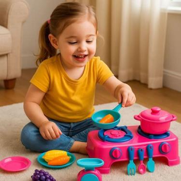 Imagem de Cozinha Infantil Brinquedo Fogão Panelas Frutas Legumes Rosa Kit 12 Pe