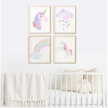 Imagem de Kit de Quadro para Quarto de Menina Unicórnio - 4 Molduras Brancas com