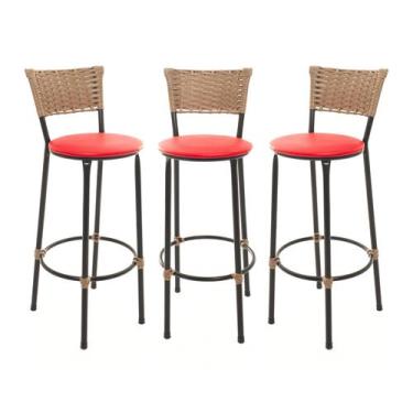 Imagem de KIT 3 Banquetas Tricô Náutico DOURADO Alta Bancada Balcão Cozinha Area