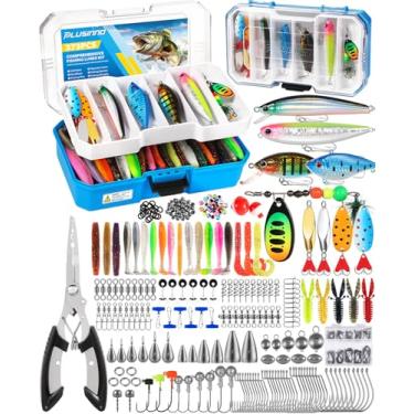 Imagem de PLUSINNO Caixa de equipamento de pesca com equipamento incluído, kit de iscas de pesca com bandeja removível, equipamento de pesca com alicate, pesos, ganchos, acessórios, kit de iscas de pesca