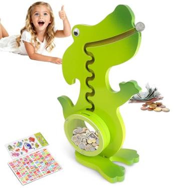Imagem de Cofrinho de dinossauro para crianças, meninos, meninas, cofrinho de madeira verde com grande barriga de acrílico transparente, linda caixa econômica para crianças, aniversário, Natal por Vennocci