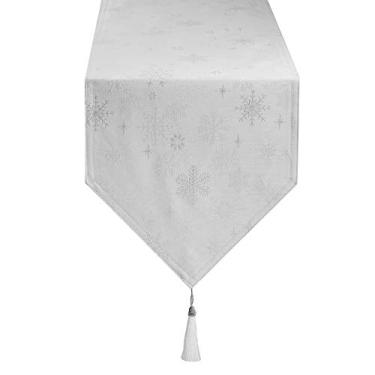 Imagem de Toalha de mesa de Natal Harorbay 33 x 277 cm, toalha de mesa branca com flocos de neve para Ação de Graças, outono e férias, cachecol prateado para mesa de café (Série Esther)