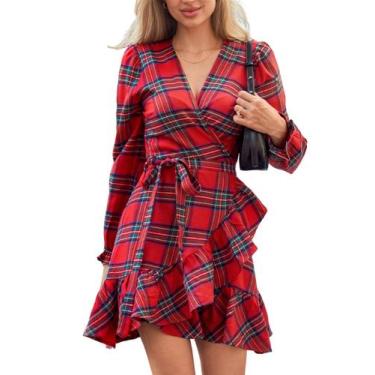 Imagem de Vestido vermelho CUPSHE, xadrez, decote em V, mangas compridas, manga 