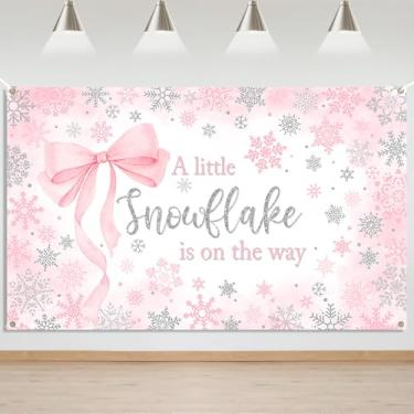 Imagem de Mocsicka Um pouco de floco de neve está a caminho faixa de fundo de chá de bebê laço rosa inverno chá de bebê festa fundo rosa floco de neve prata glitter decoração decoração adereços