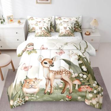Imagem de Erosebridal Jogo de cama Sika Deer 7 peças, tamanho casal, floresta, desenho animado, flores, hamster, animais selvagens, borboletas, decoração de quarto, verde