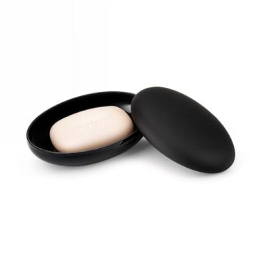 Imagem de Saboneteira Oval com Tampa Plástica Portátil para Viagem Banheiro Pia Resistente e Compacta(Preta)