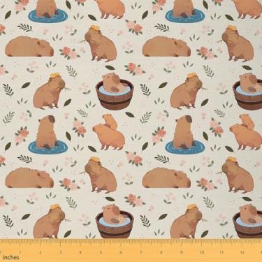 Imagem de Erosebridal Lindo tecido capivara impermeável para ambientes externos, tecido floral rosa por jarda para decoração de quarto de capivara, tecidos decorativos de animais roedores de desenhos animados