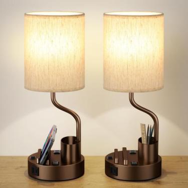 Imagem de Conjunto de 2 candeeiros de mesa de cabeceira Fenmzee com tomadas USB 