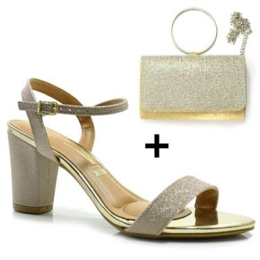 Imagem de Kit Sandália Salto Bloco Vizzano e Bolsa Dourada Festa, Dourado, 36