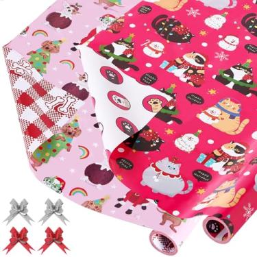 Imagem de EWES Conjunto de papel de embrulho de Natal rosa, rolos engraçados, Papai Noel, para crianças, lindos desenhos animados, gnomo grosso, folhas de embrulho para presente, exclusivo, reversível