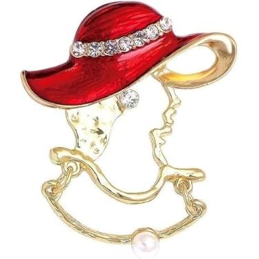 Imagem de Broche feminino Red Hat Society – Broche banhado a ouro com chapéu vermelho e detalhe roxo – Broche de lapela de 5 cm x 5 cm com parte traseira de embreagem padrão – Presente ou acessório de