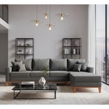 Imagem de Sofá Beny com Chaise Direita, 2,60x1,40m, 4 Lugares, Linho, Base em Madeira. (Grafite)