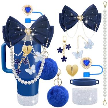 Imagem de LBU Acessórios de copo Bling Stanley para copo de 40/30/567 g com alça, incluindo topo de palha com laço de glitter, capa de canudo de coração, alça de alça de garrafa de água pérola, bota, pompom