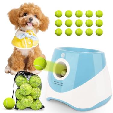 Imagem de OLenyer Lançador automático de bolas para cães, 15 mini bolas de tênis de 5 cm e bolsa de malha, lançador de bolas para cães pequenos com 3 configurações de distância - azul